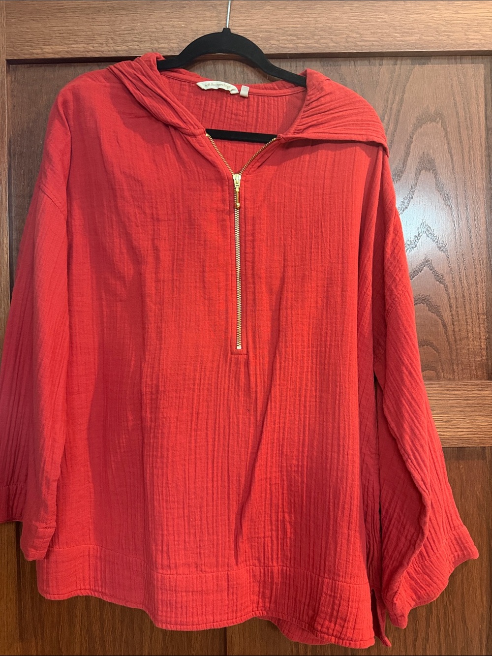 Soft Surroundings Red Hooded Quarter-Zip Pullover, gauze fabric